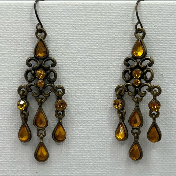 Vintage Bronze Tone Amber Rhinestone Chandelier Earrings - Picture 1 of 3